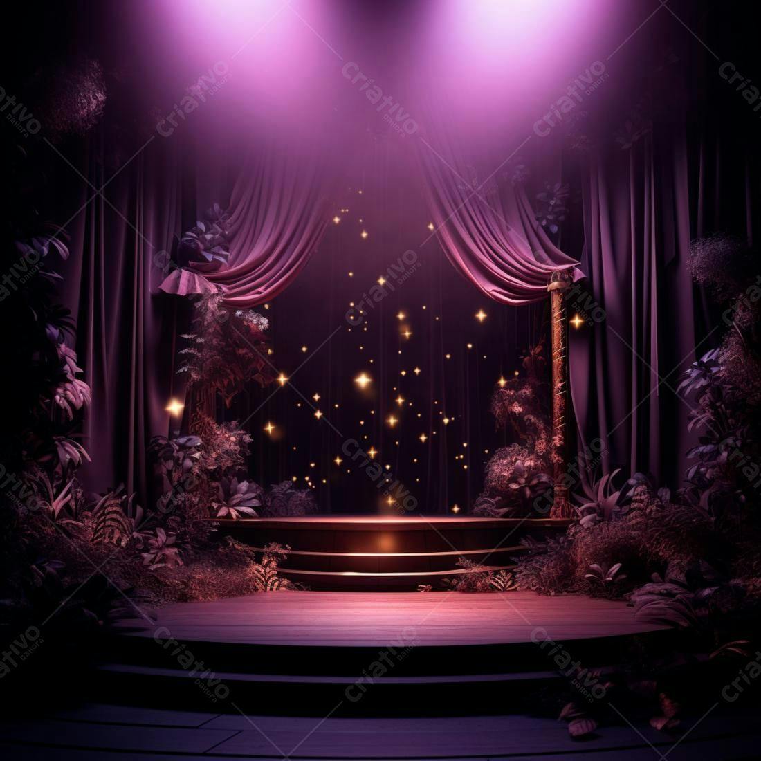Palco Encantado com Cortinas Roxo-Escuro e Plantas