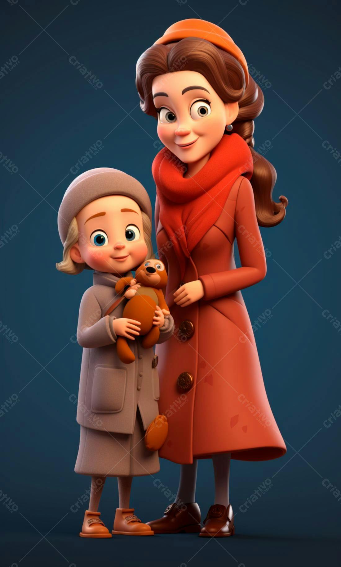 Mãe e filha com ursinho em tons terrosos