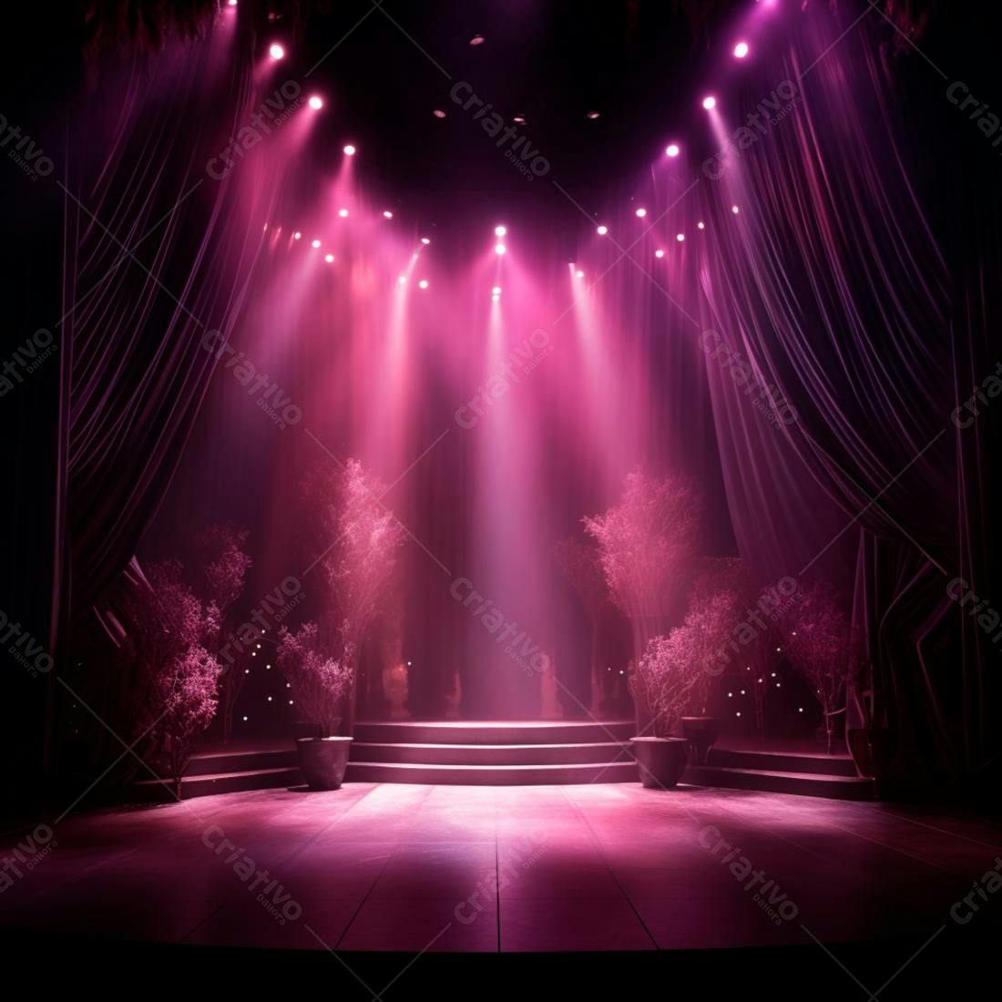 Palco iluminado rosa com plantas