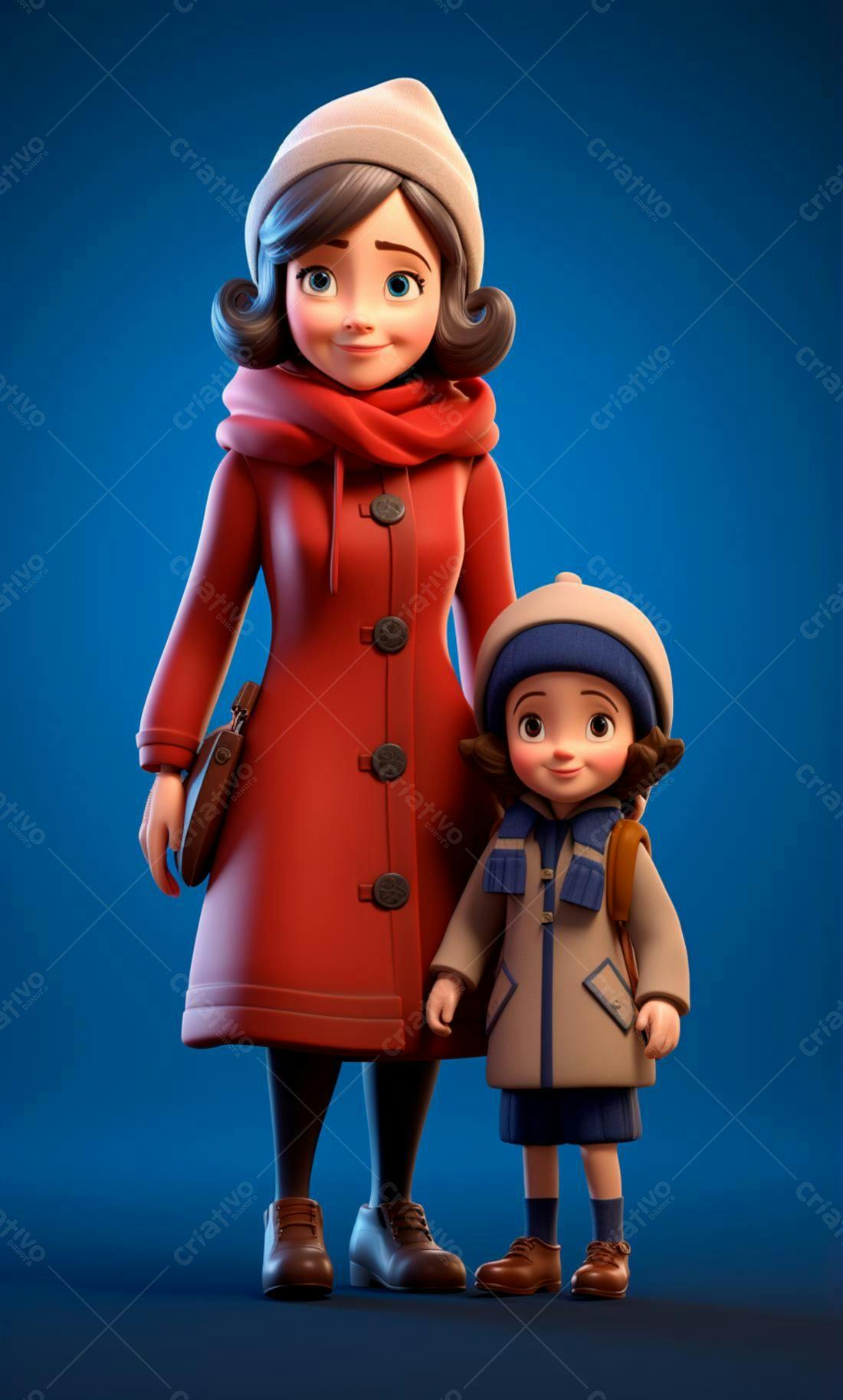 Mãe e filha em casacos vermelhos e bege