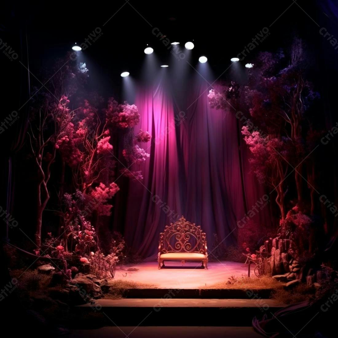 Tronos em palco teatral com floresta escura
