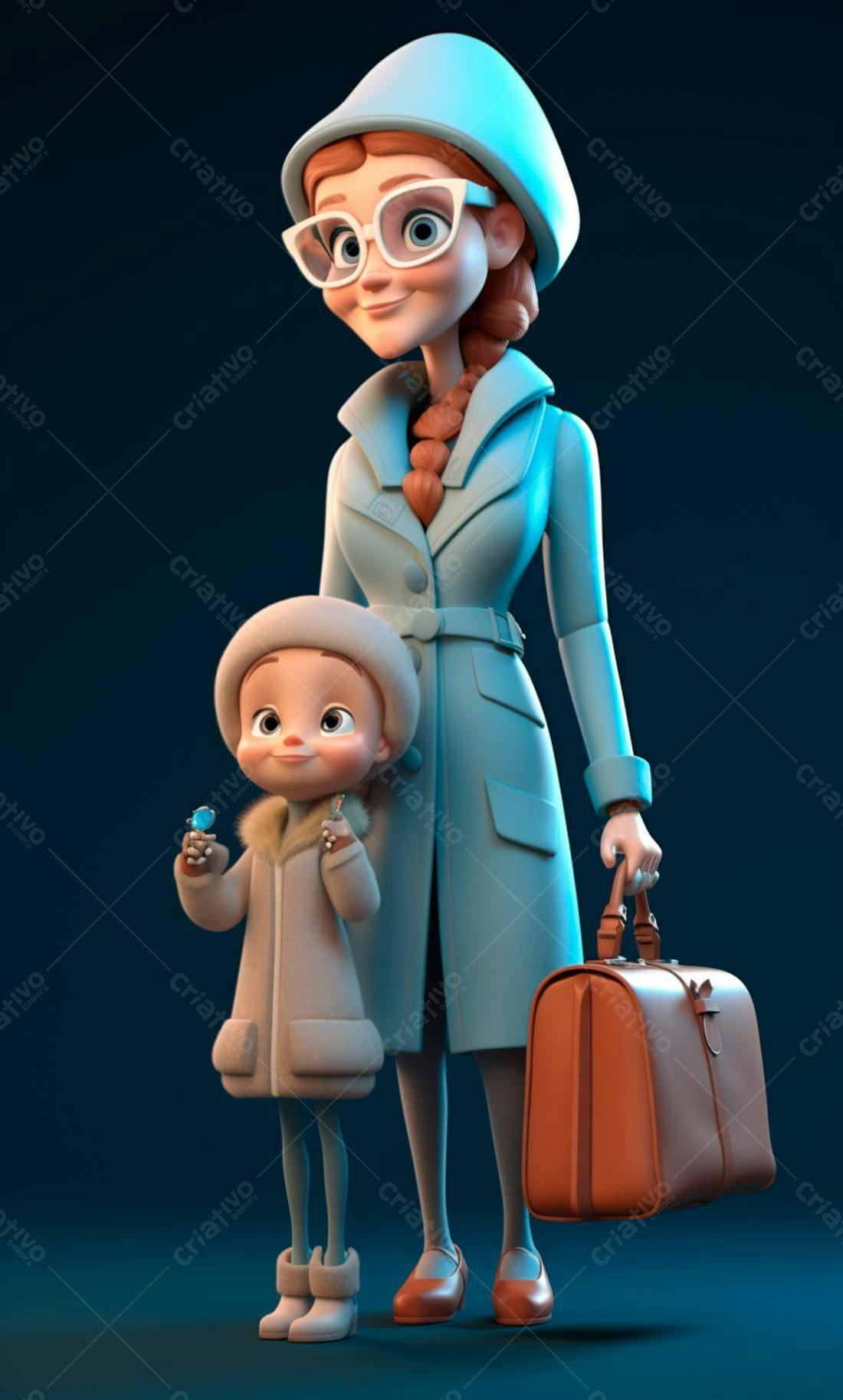 Mãe e filha em viagem azul claro