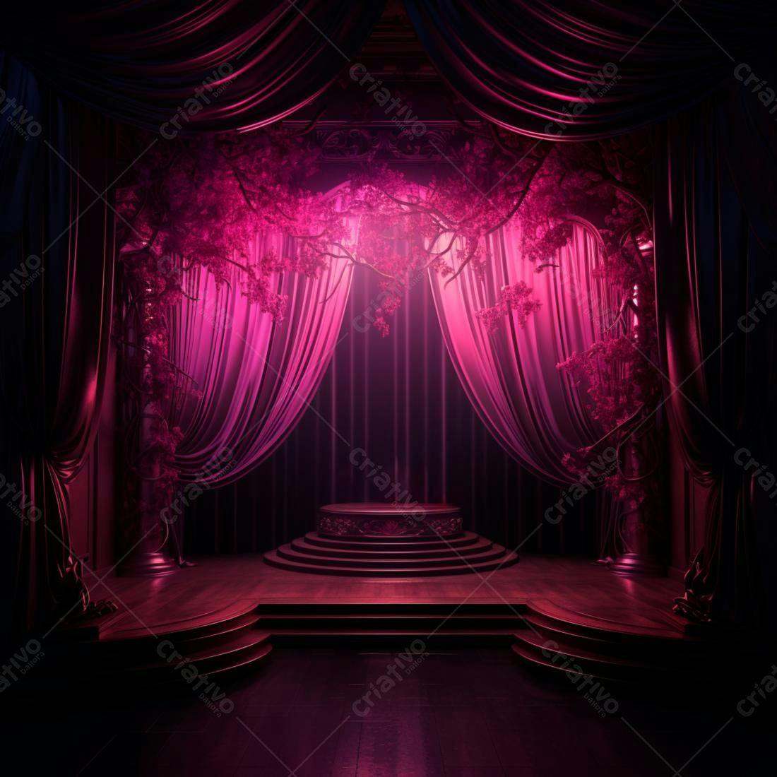 Palco teatral com cortinas roxas e árvores iluminadas