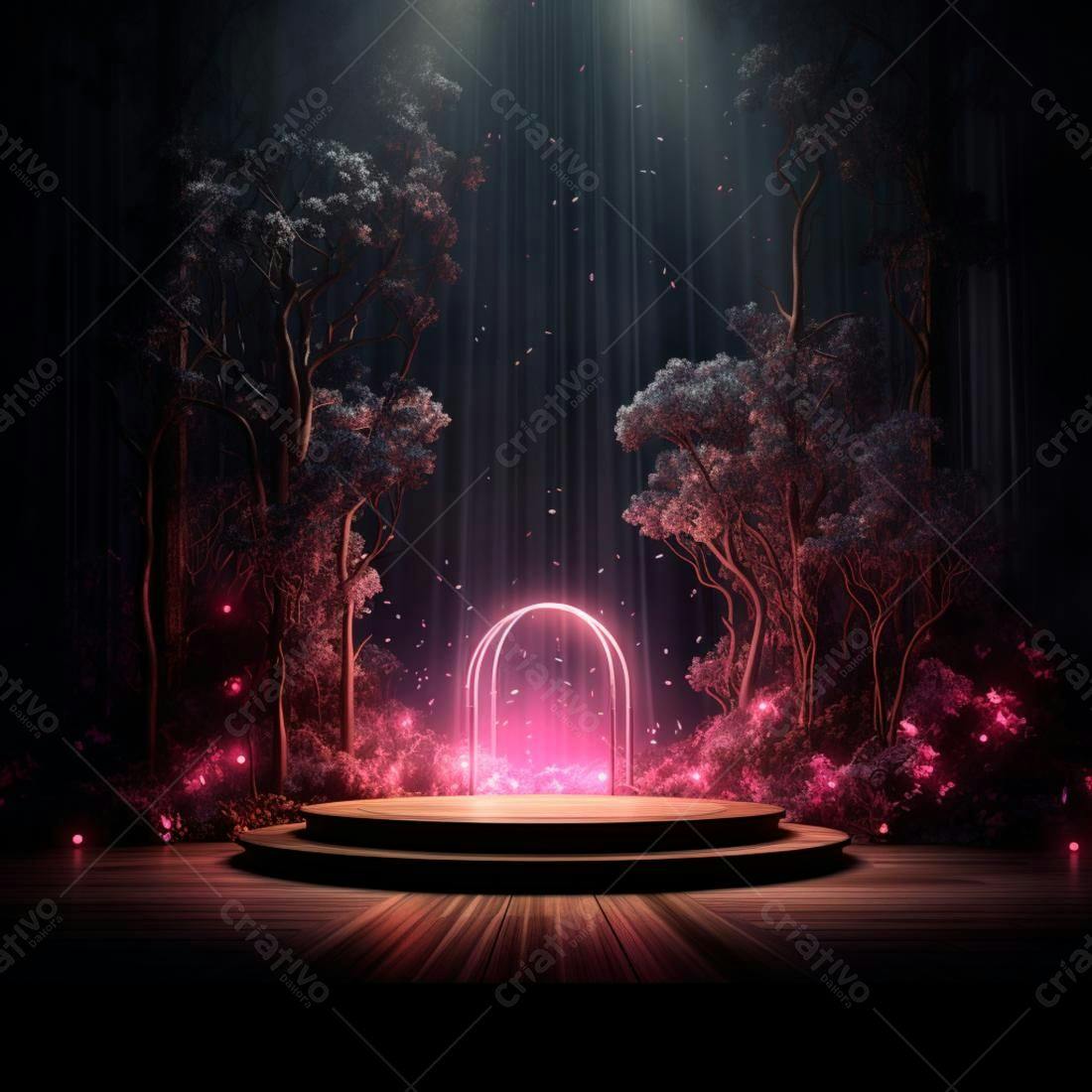Palco de madeira em floresta mágica rosa
