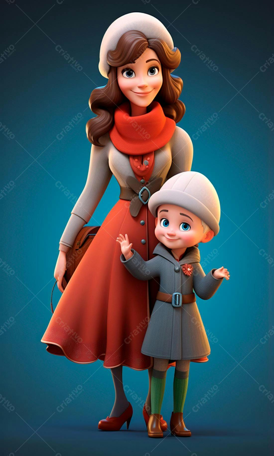 Mãe e filha em estilo cartoon vestindo casacos vermelhos e cinzas
