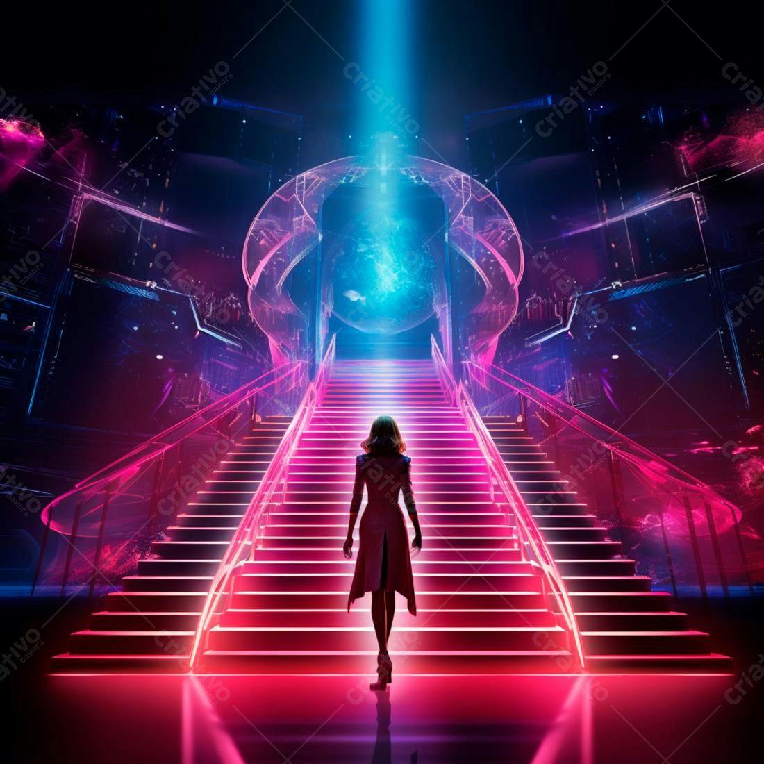 Mulher subindo escada futurista rosa e azul