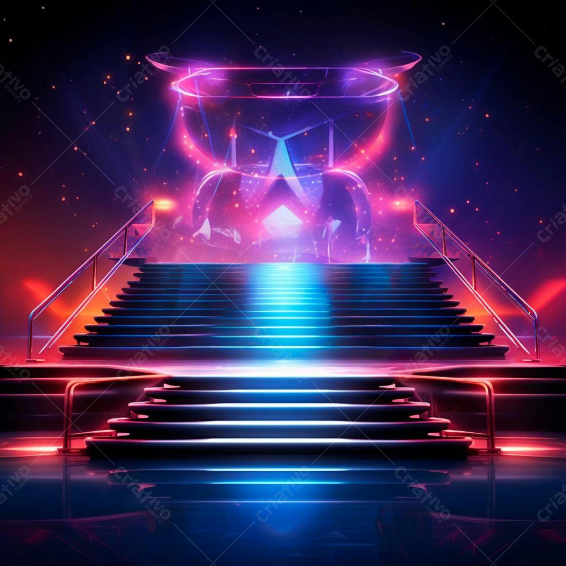 Escada iluminada com ampulheta futurista