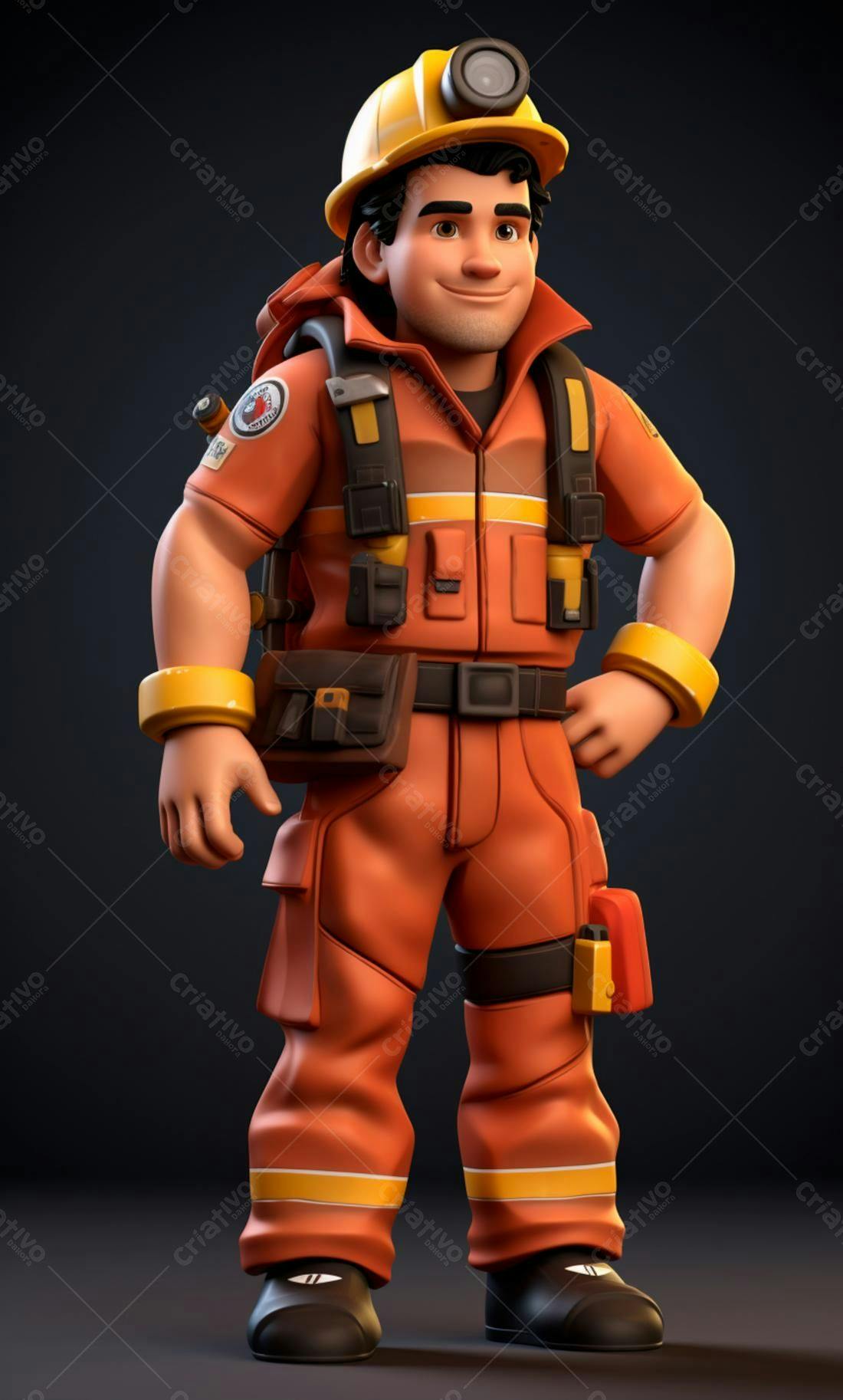 Bombeiro 3D uniforme laranja sorriso