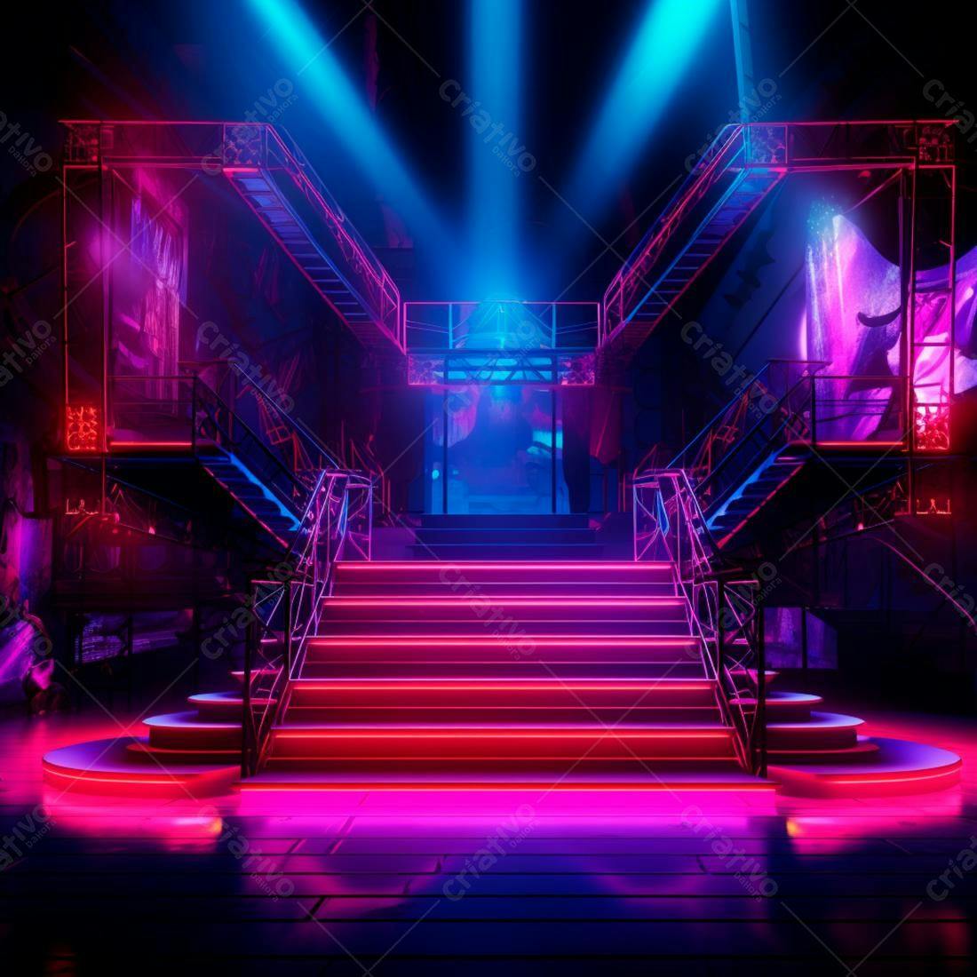 Escada Neon Rosa e Azul em ambiente Cyberpunk