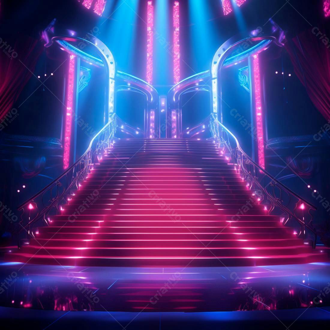 Escada iluminada rosa e azul em ambiente futurista