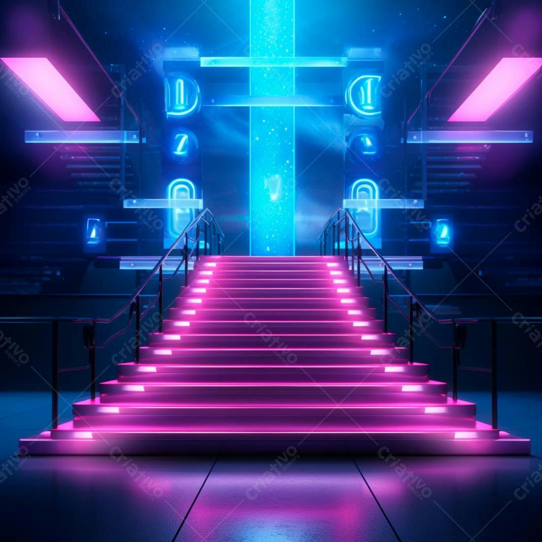 Escada Neon Rosa e Azul em Cenário Cyberpunk
