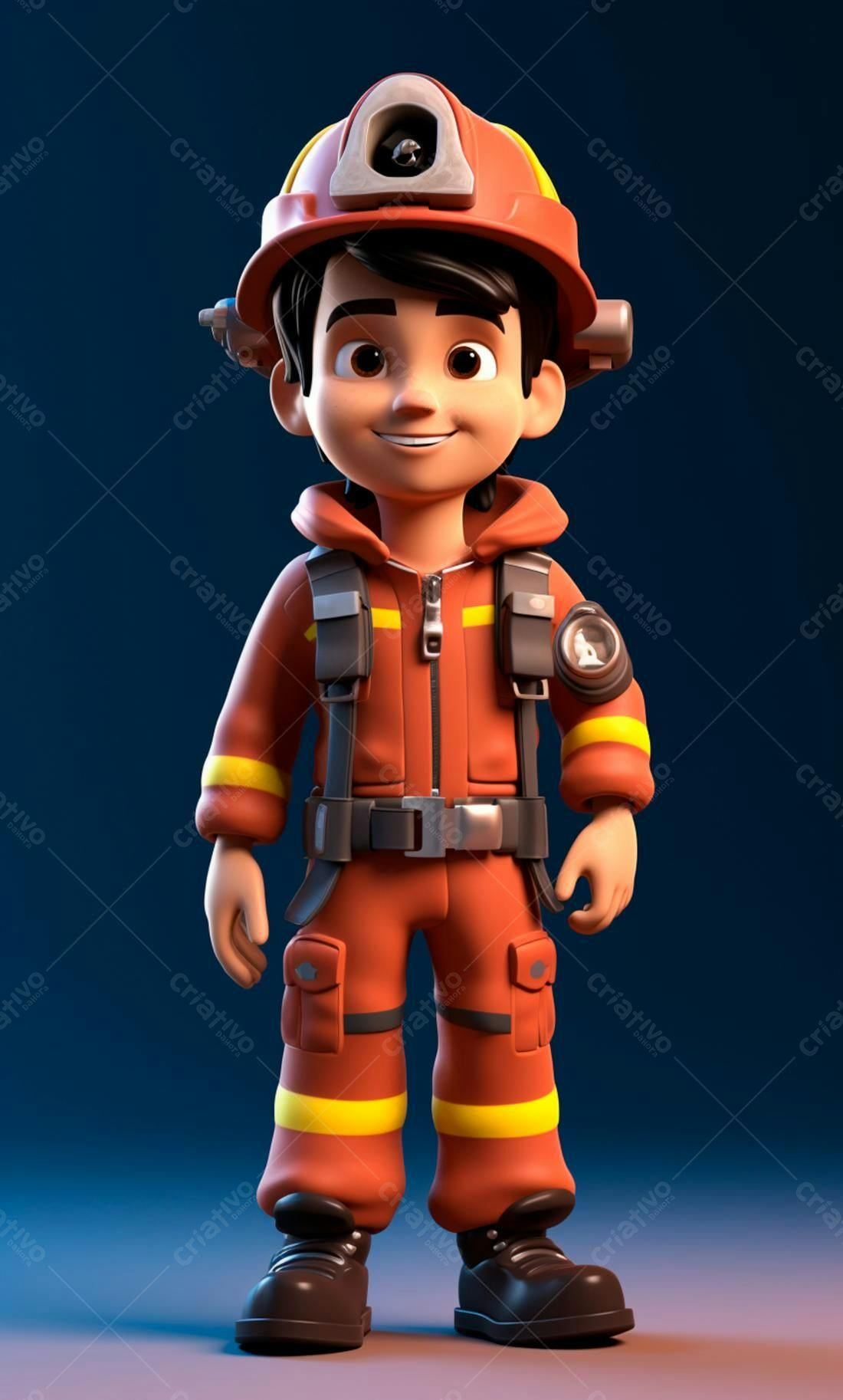 Menino Bombeiro Cartoon 3D