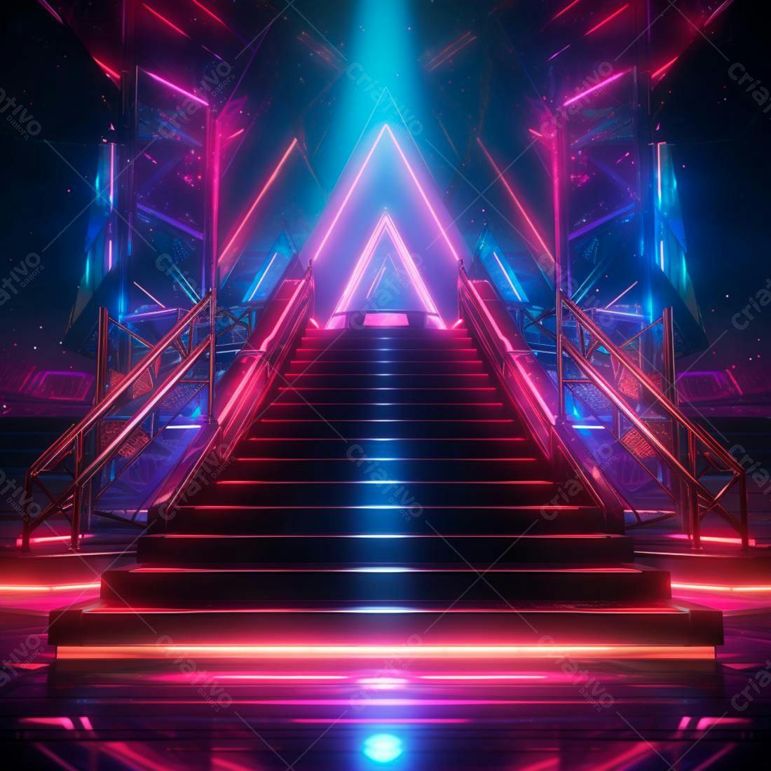 Escada Neon Rosa e Azul em Ambiente Cyberpunk