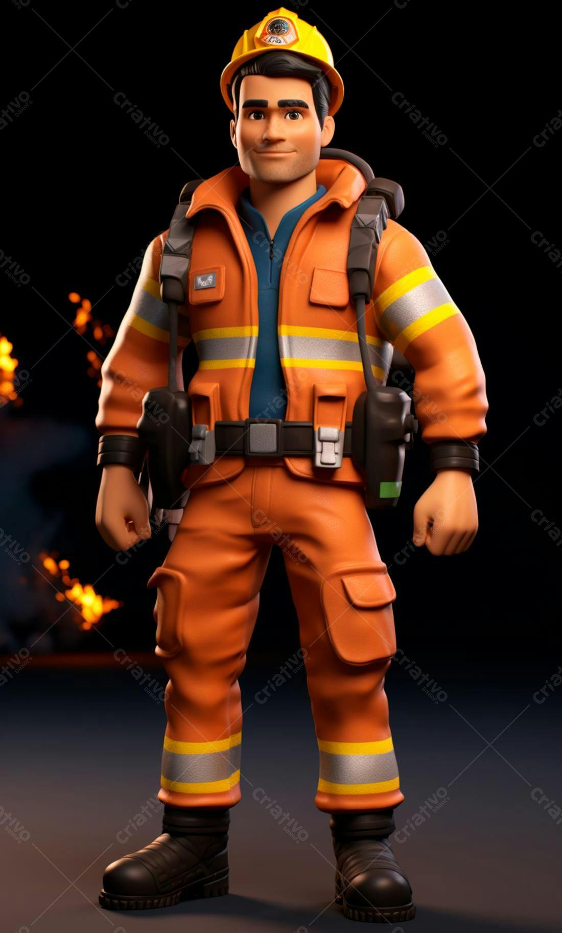 Bombeiro 3D uniforme laranja fundo escuro