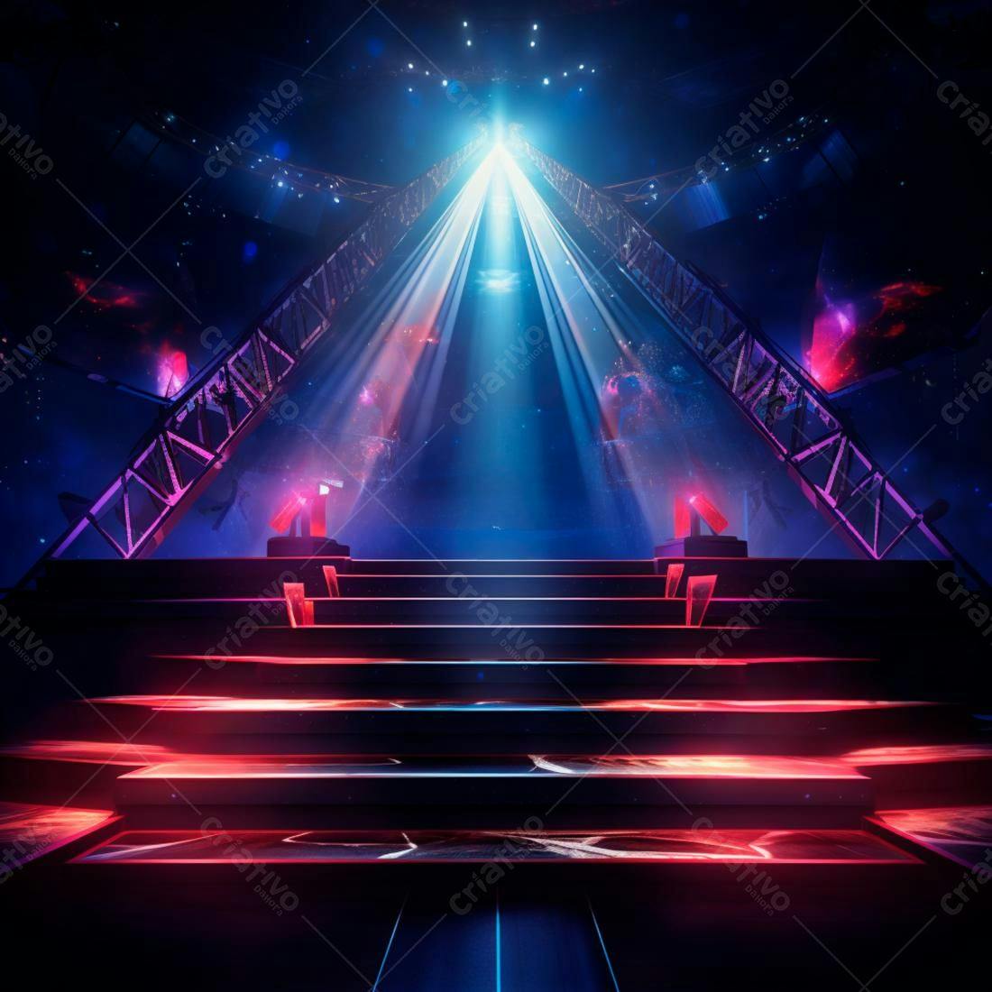 Palco iluminado com escadas em tons azuis e vermelhos