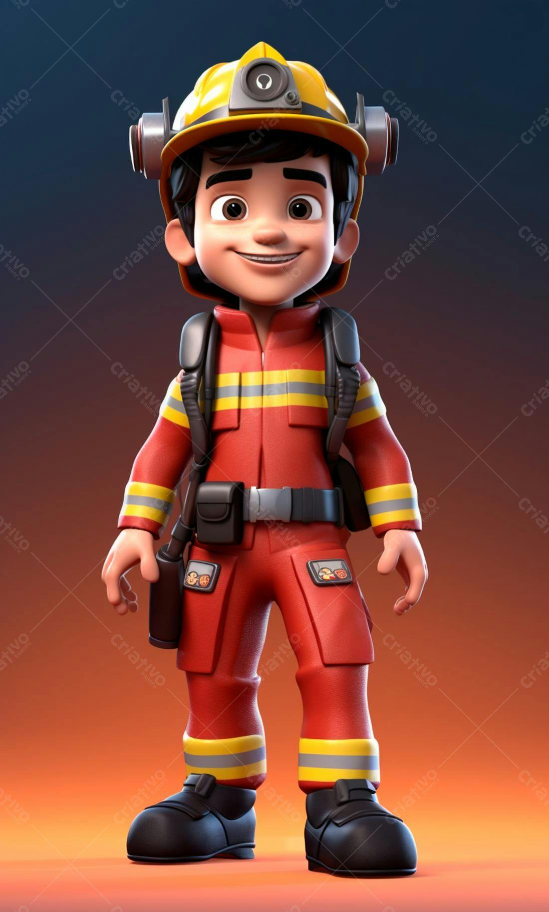 Bombeiro Mirim Sorridente Uniforme Vermelho