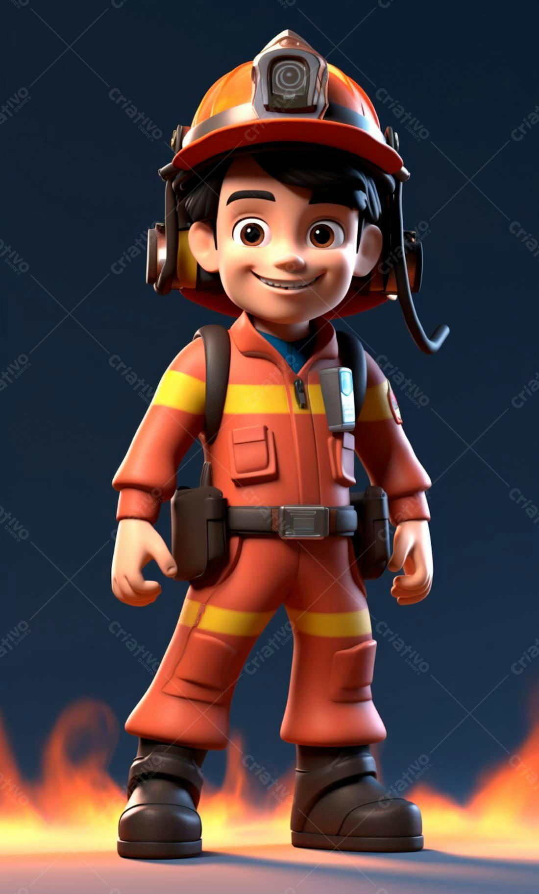 Bombeiro Cartoon Sorrindo Fundo Fogo