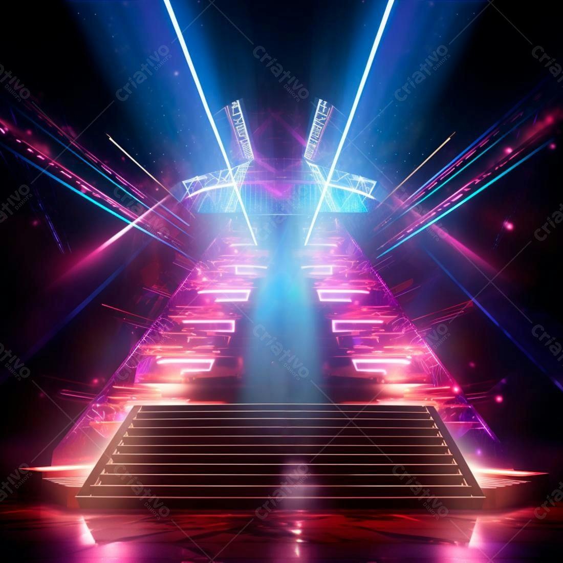 Escada iluminada em palco futurista