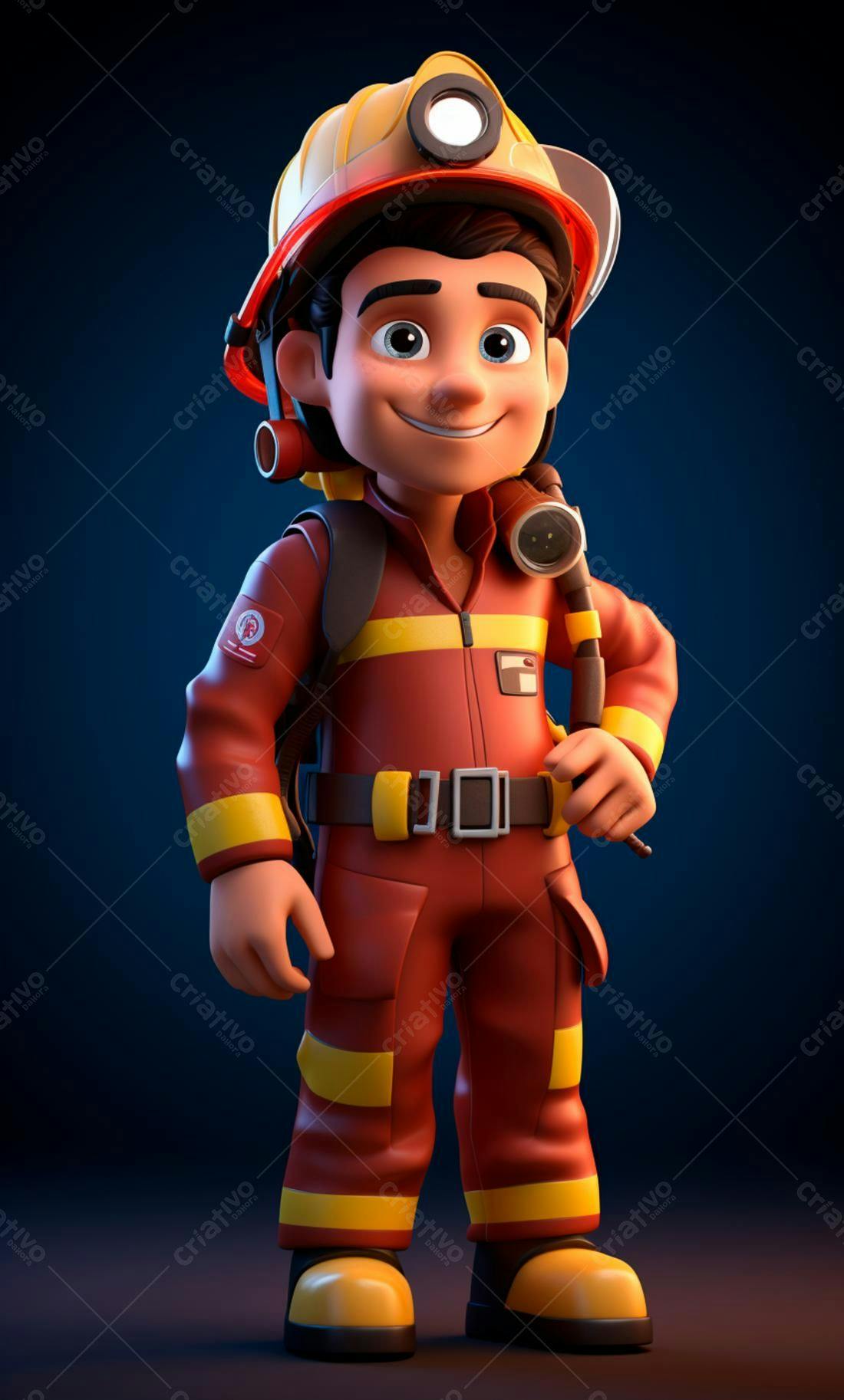 Bombeiro Cartoon Sorrindo Uniforme Vermelho