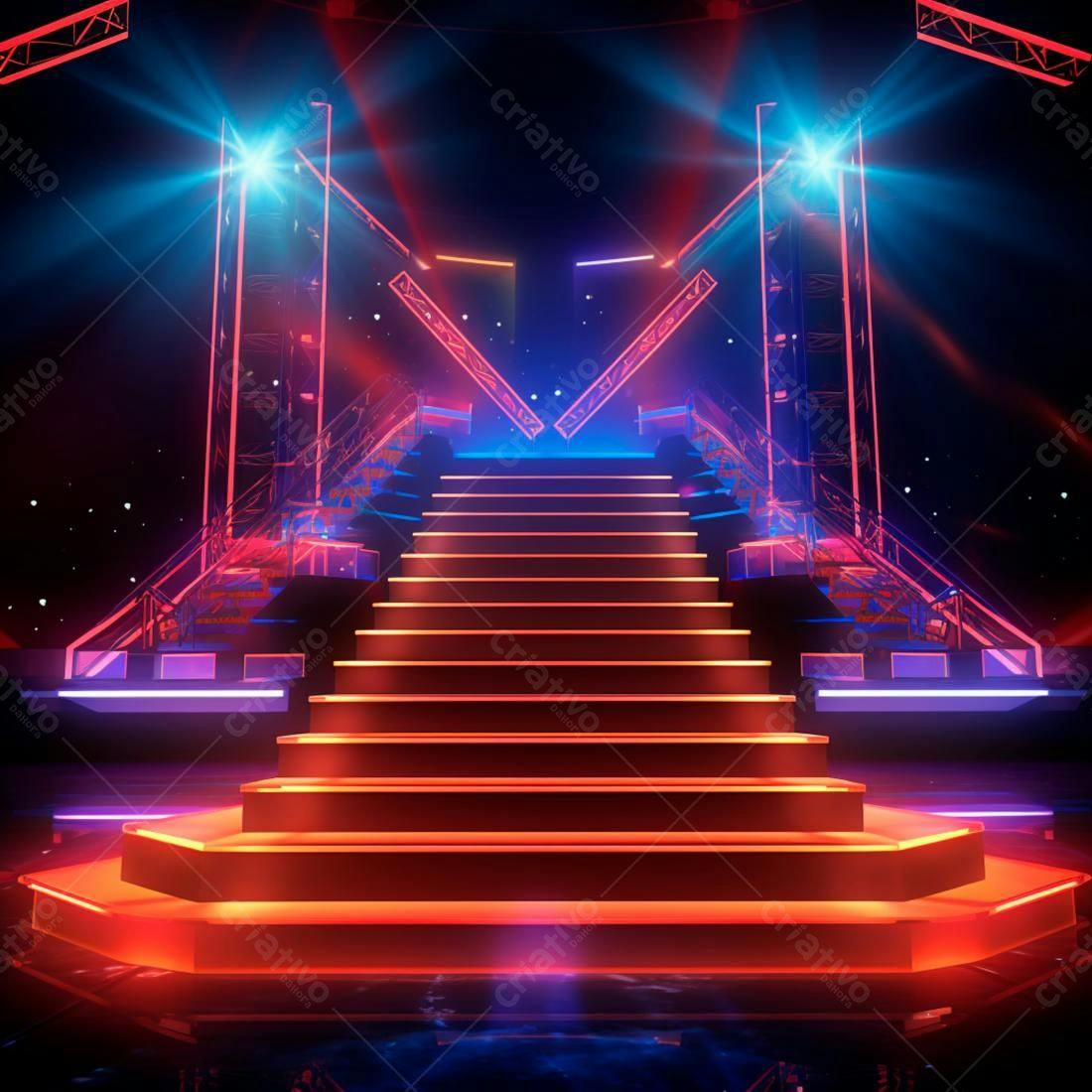 Escada iluminada palco neon vermelho azul