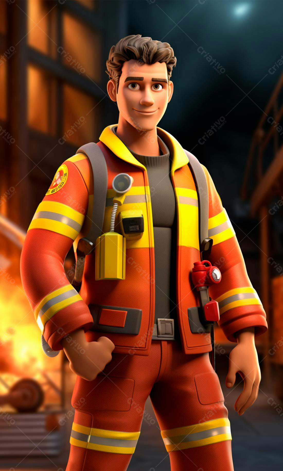 Bombeiro sorrindo uniforme laranja incêndio