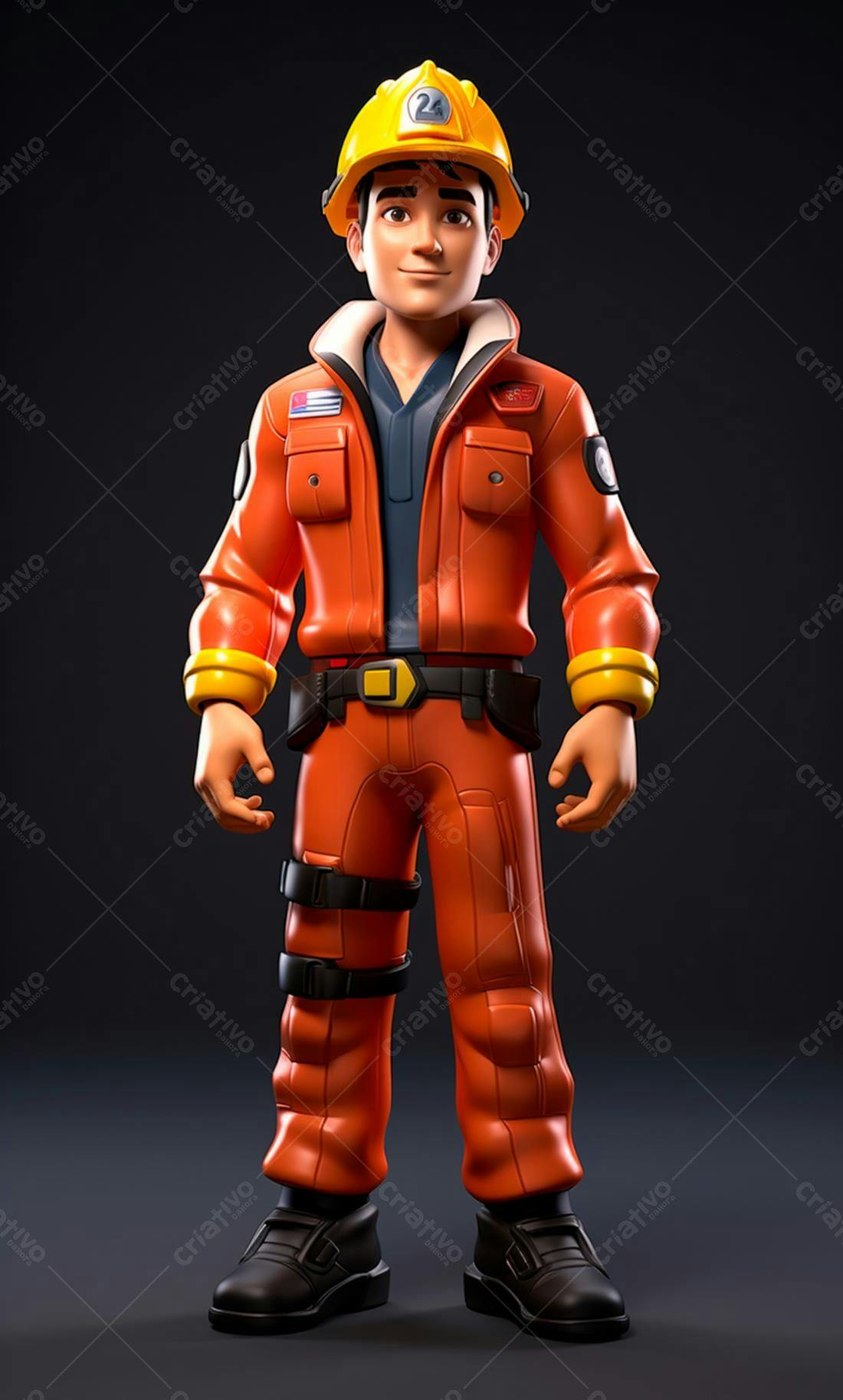 Bombeiro Cartoon em uniforme laranja