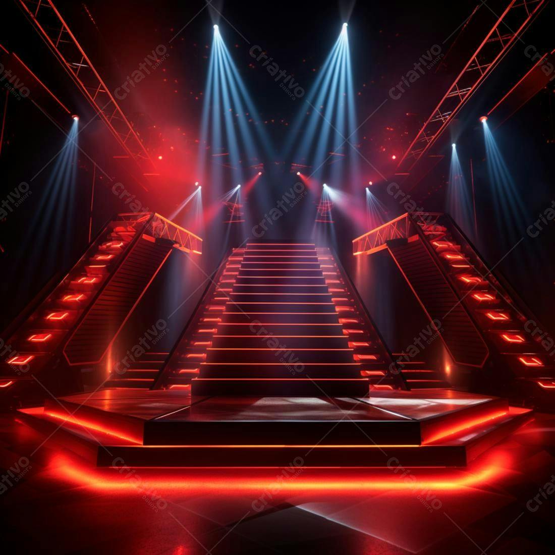 Escada iluminada em palco vermelho