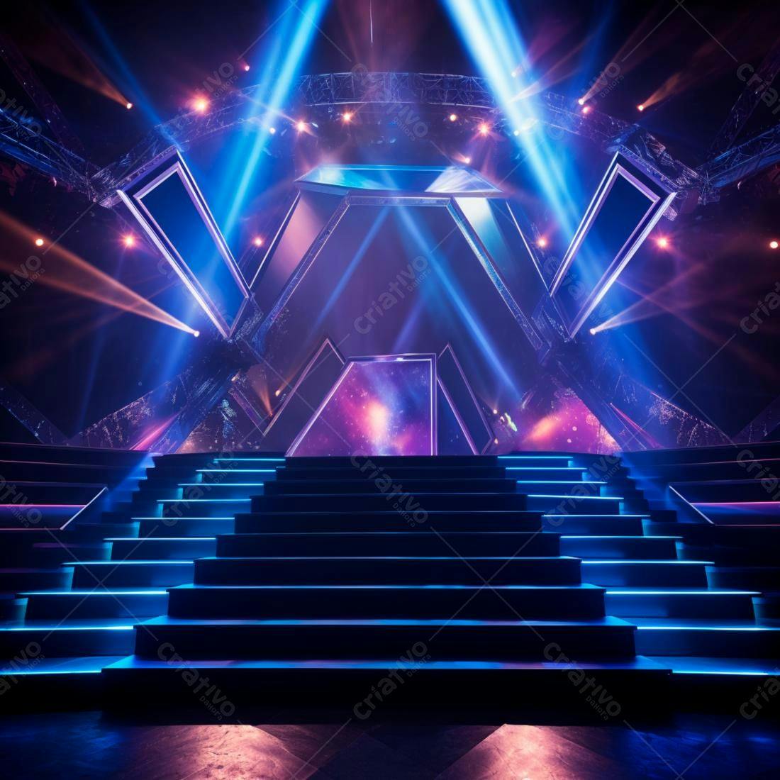 Palco iluminado com escada azul e roxa