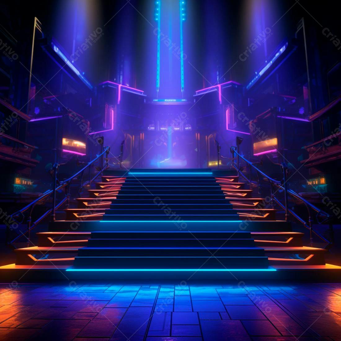 Escadaria Neon em Ambiente Cyberpunk