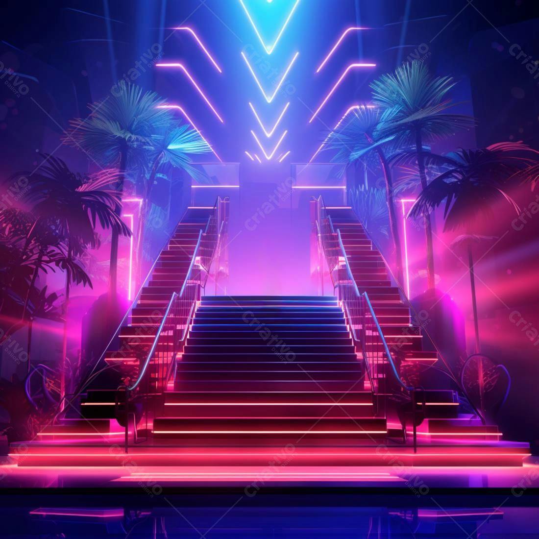 Escada Neon Rosa e Azul em Cenário Tropical