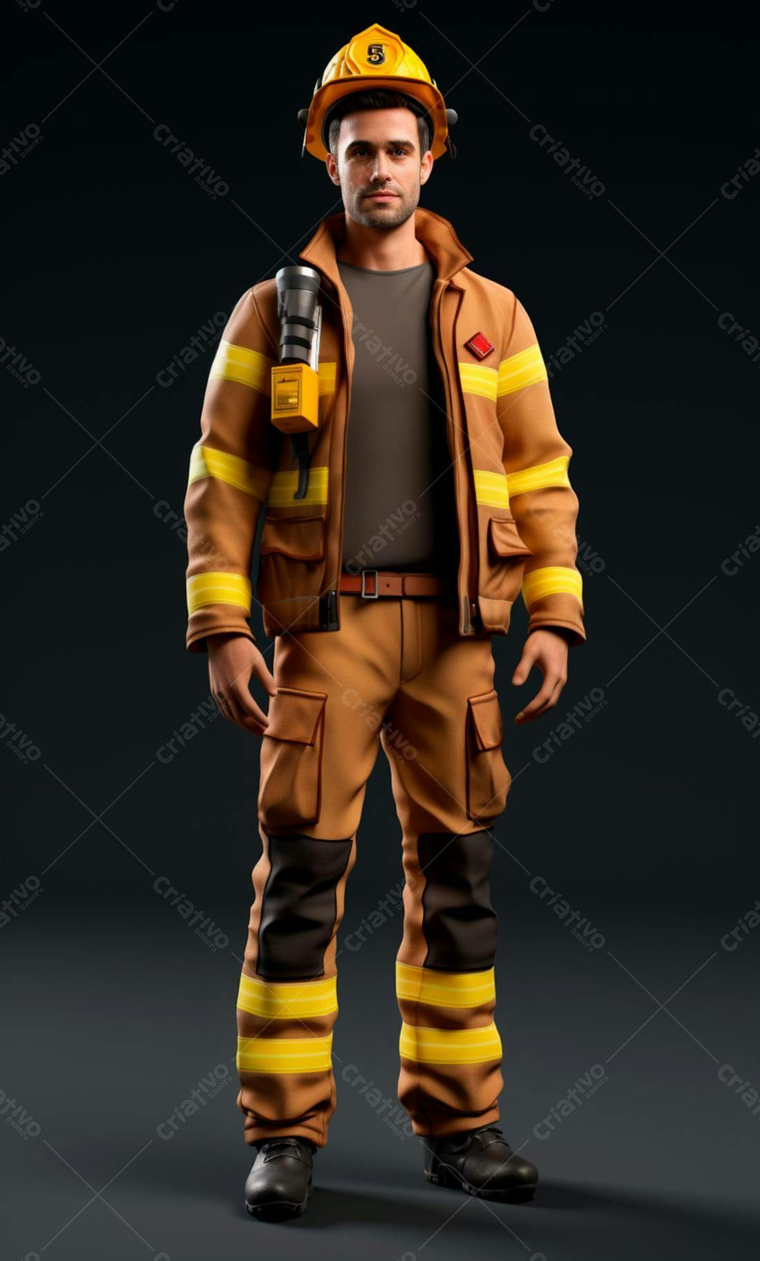Bombeiro em uniforme marrom e amarelo