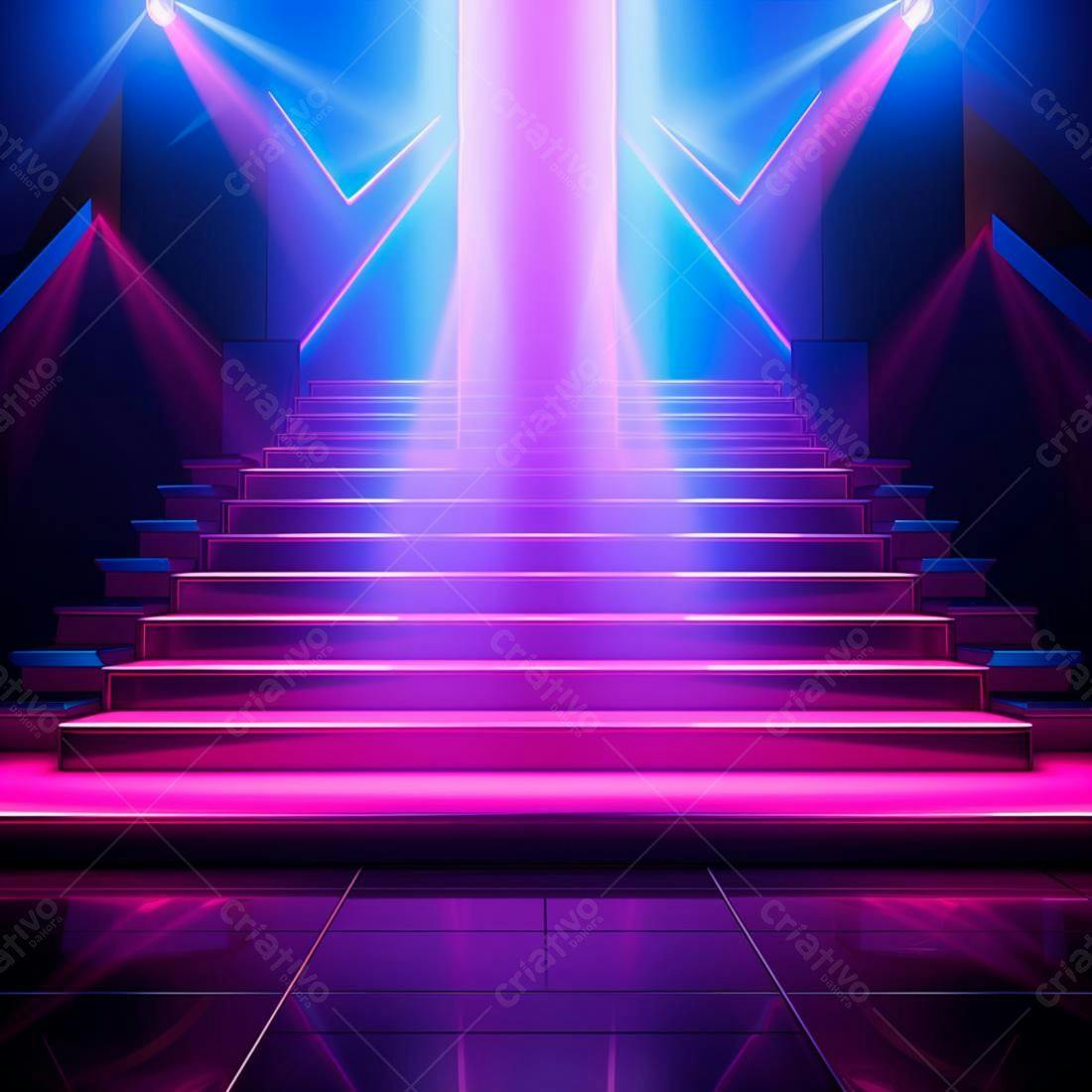 Escada iluminada em neon rosa e azul