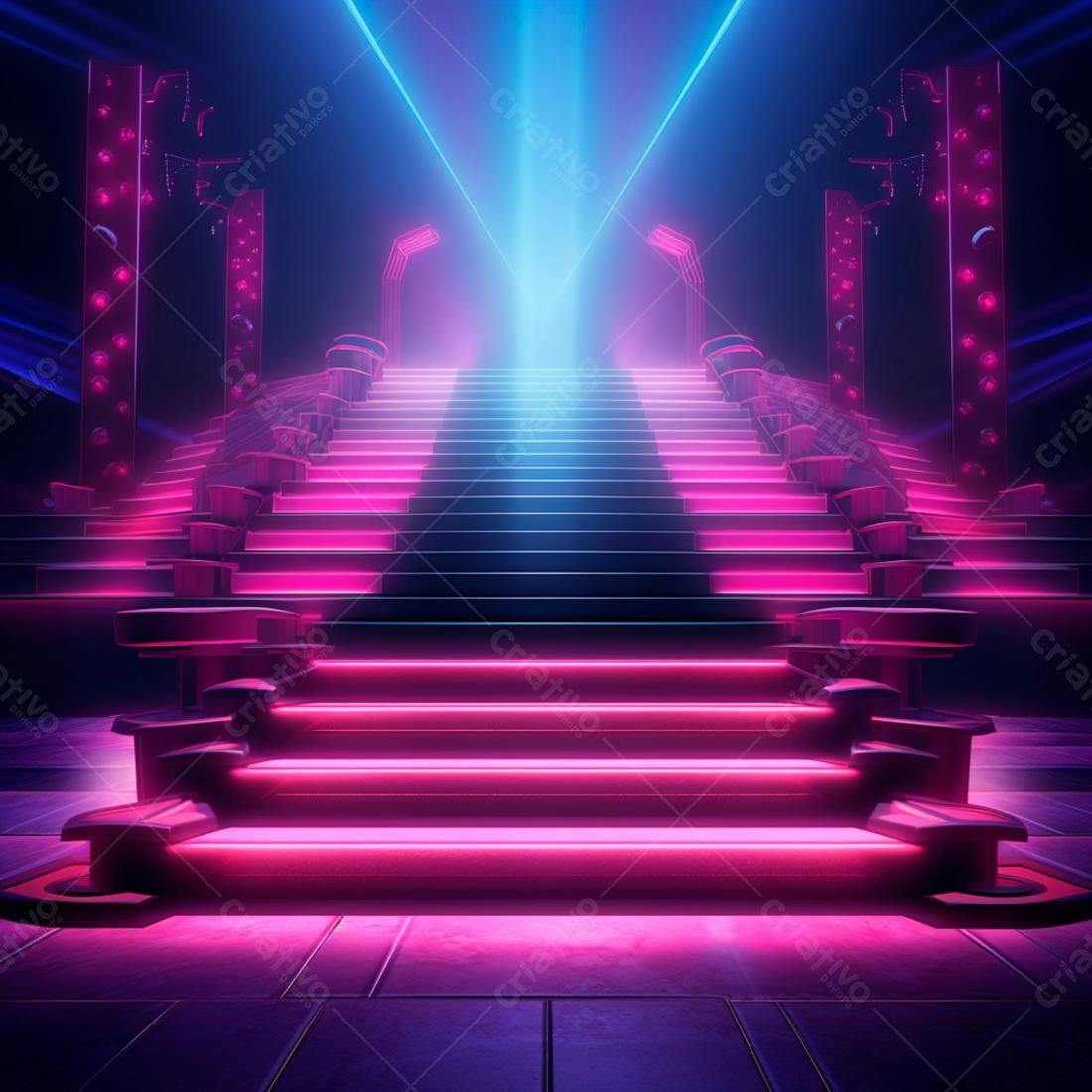 Escadas Neon Rosa e Azul em Ambiente Escuro