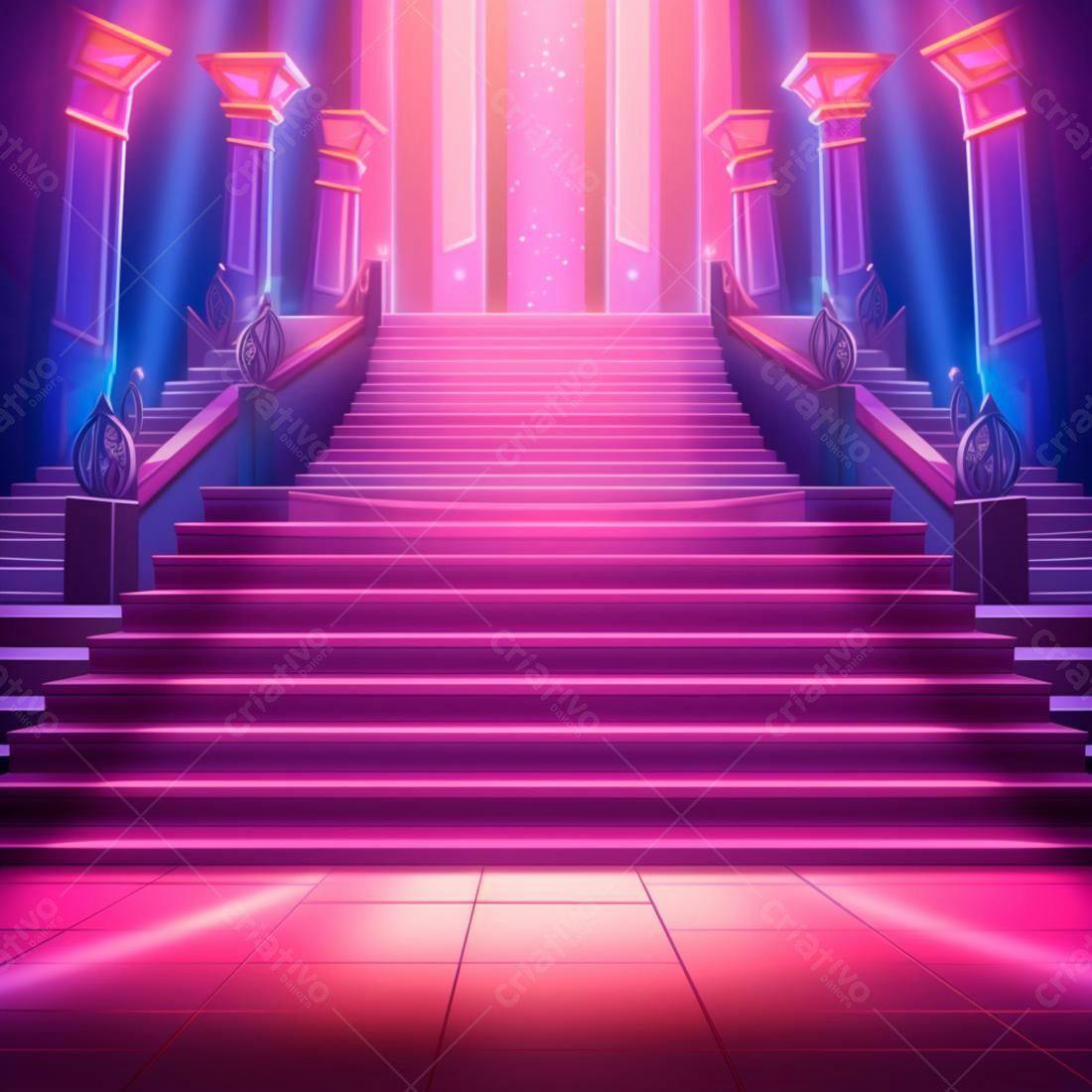 Escada iluminada em palácio rosa e roxo