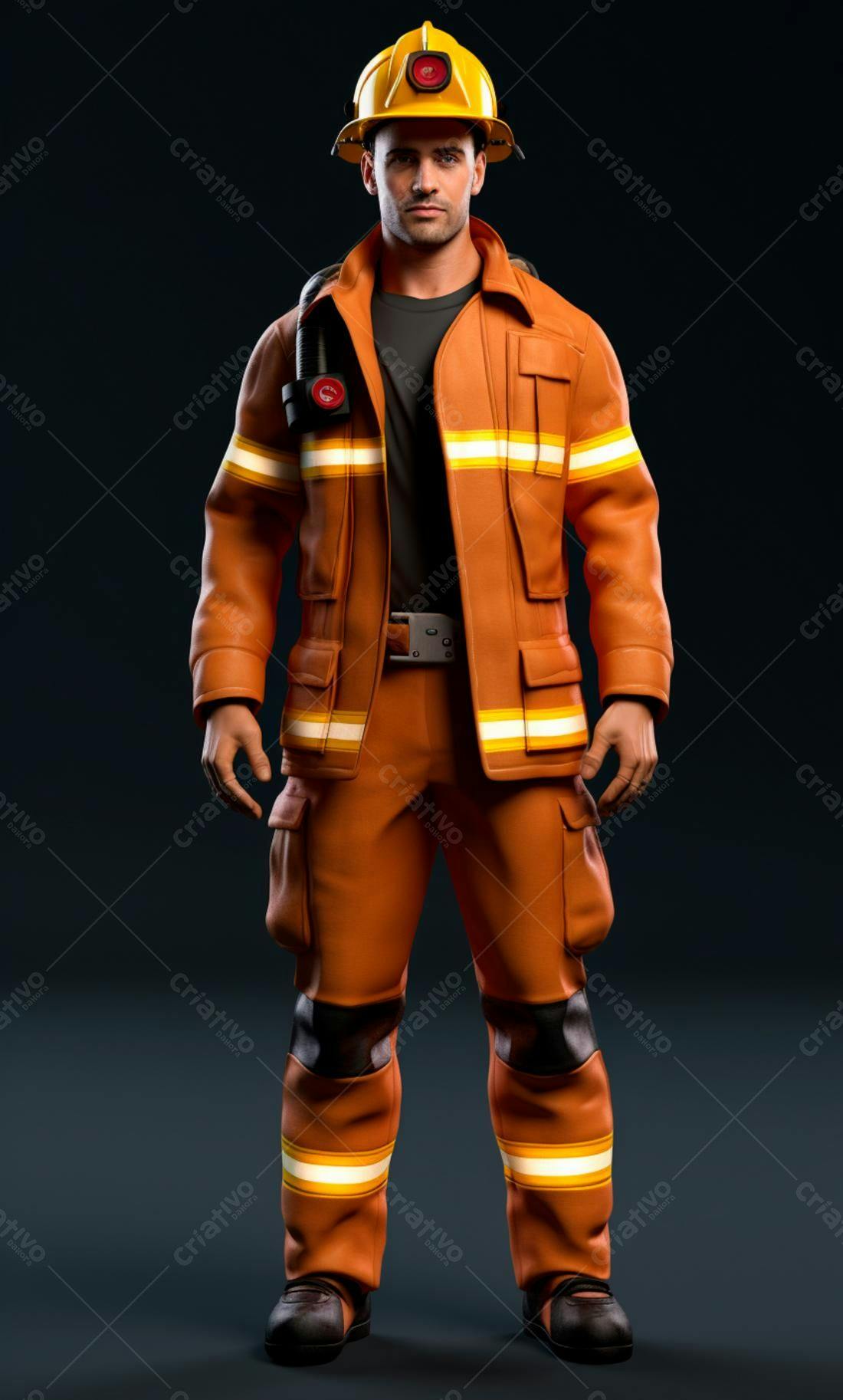 Bombeiro em uniforme laranja e amarelo