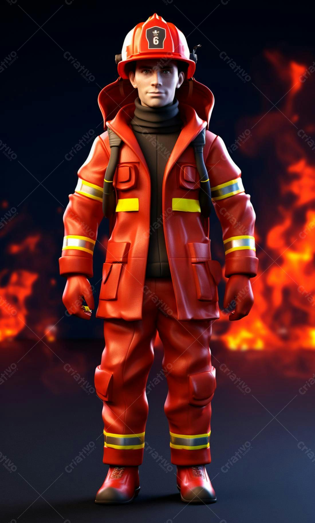 Bombeiro em uniforme vermelho fogo ao fundo