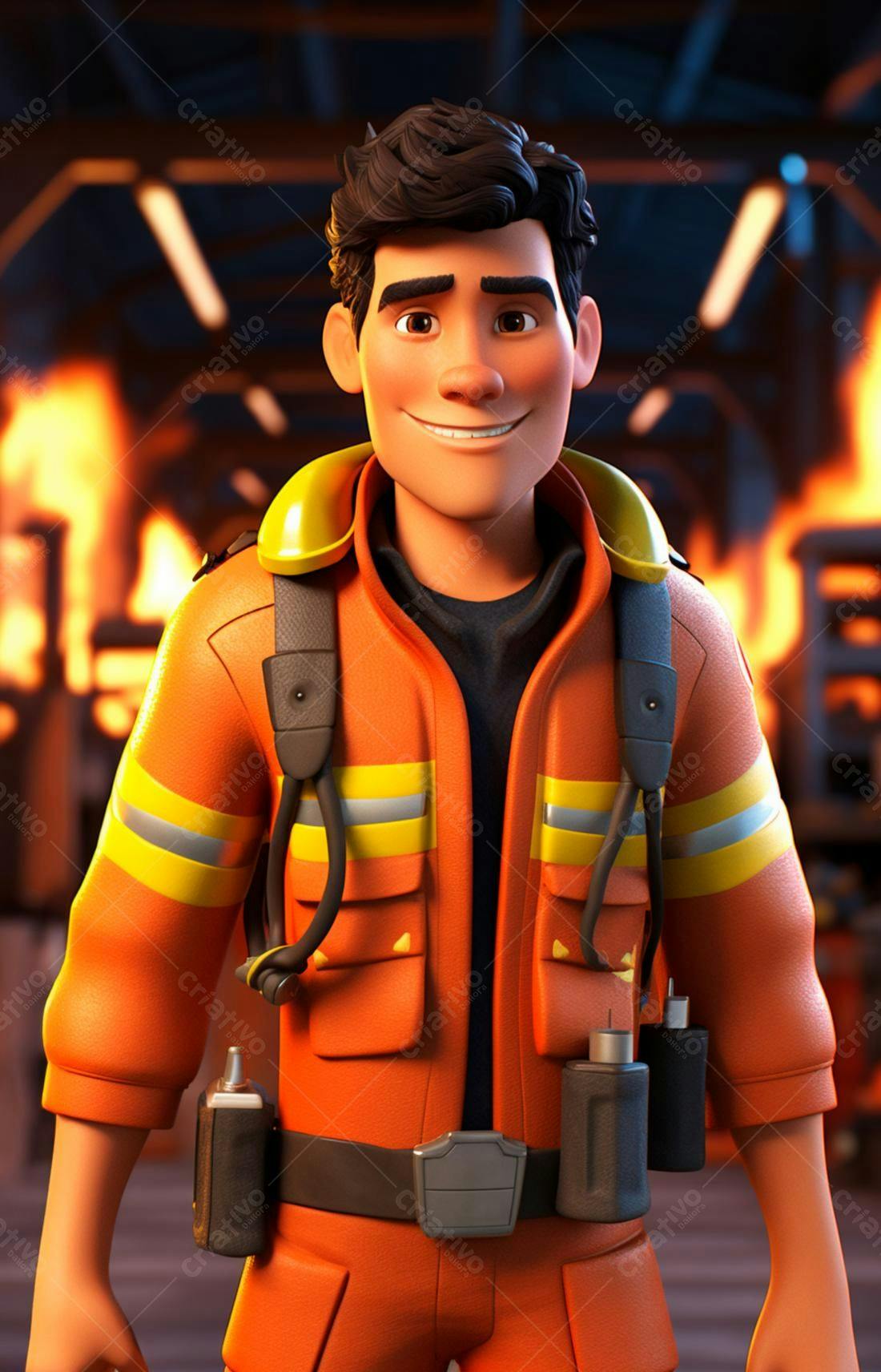 Bombeiro animado sorrindo fundo incêndio