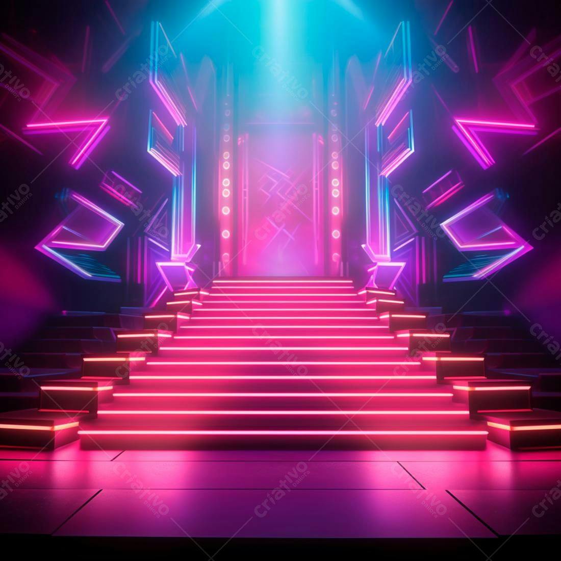 Escada Neon Rosa e Azul em Cenário Cyberpunk