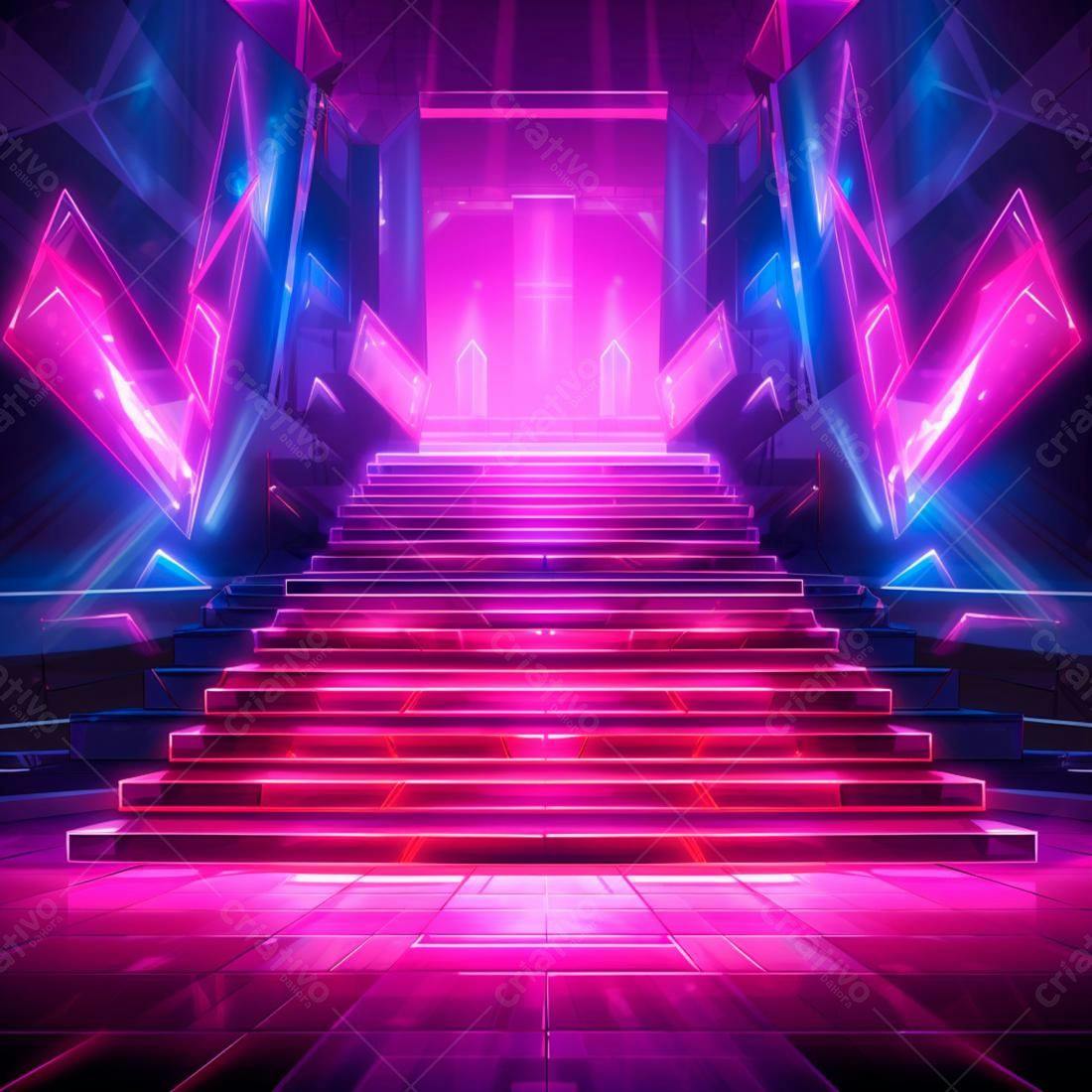Escada Neon Rosa e Azul em Cenário Futurístico