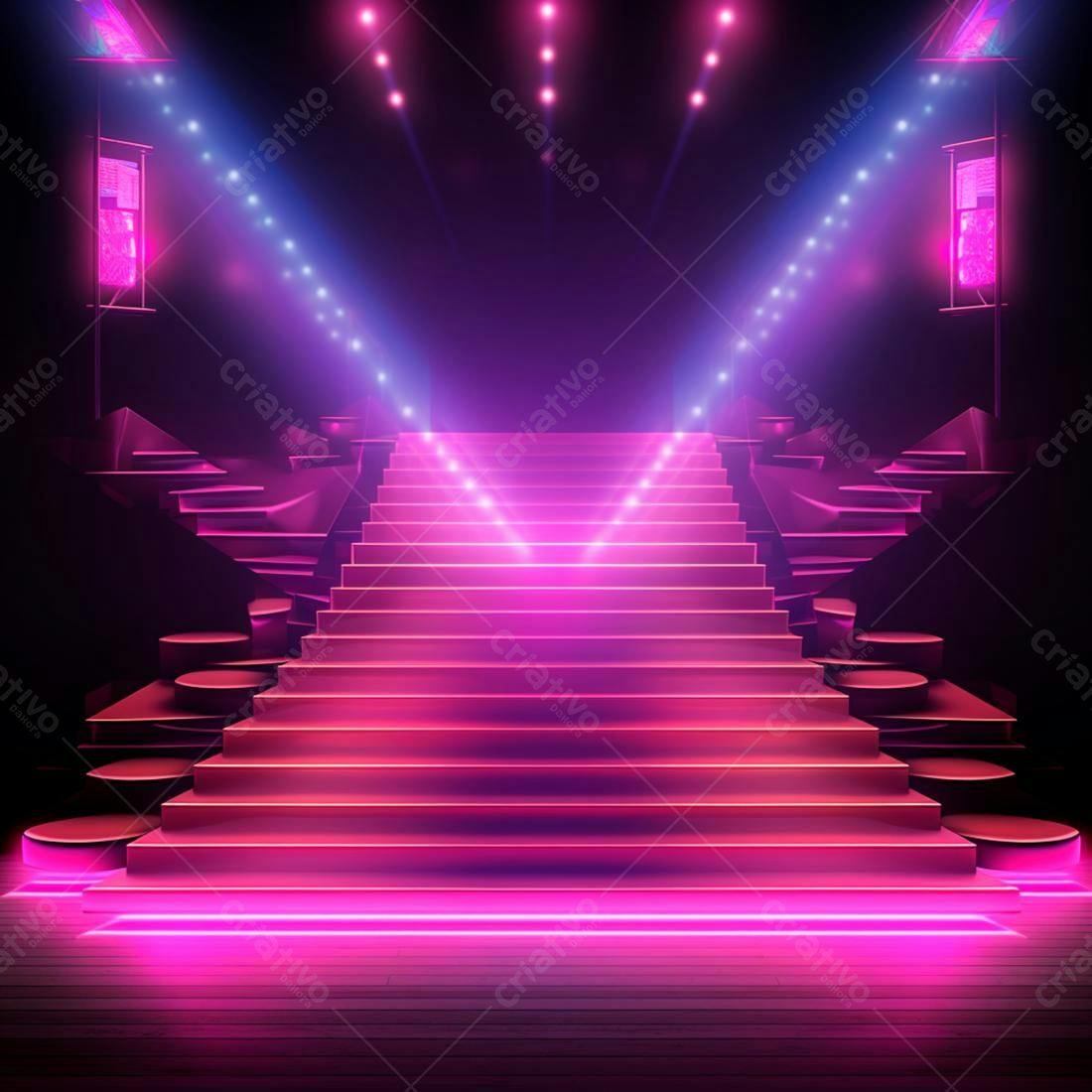 Escada iluminada rosa em palco escuro