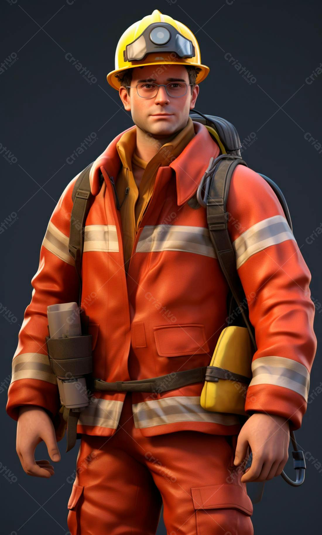 Bombeiro em uniforme laranja e capacete
