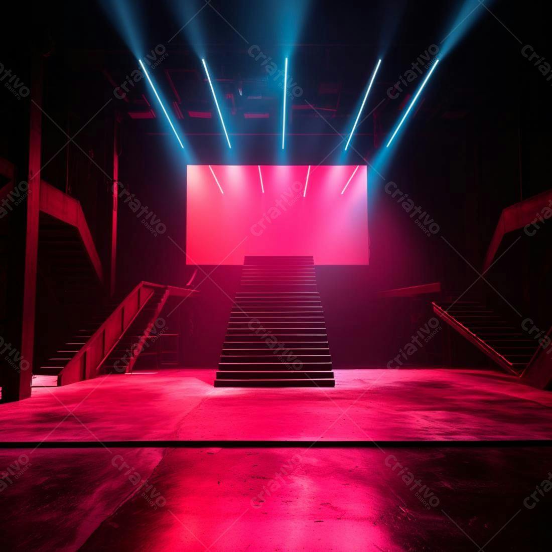 Escada iluminada em palco neon rosa e azul