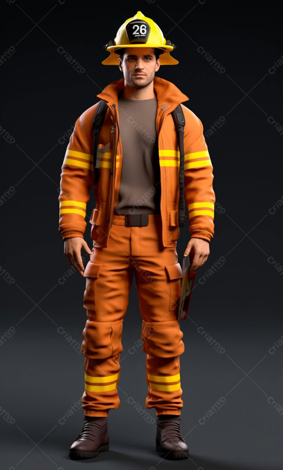 Bombeiro em uniforme laranja e capacete amarelo