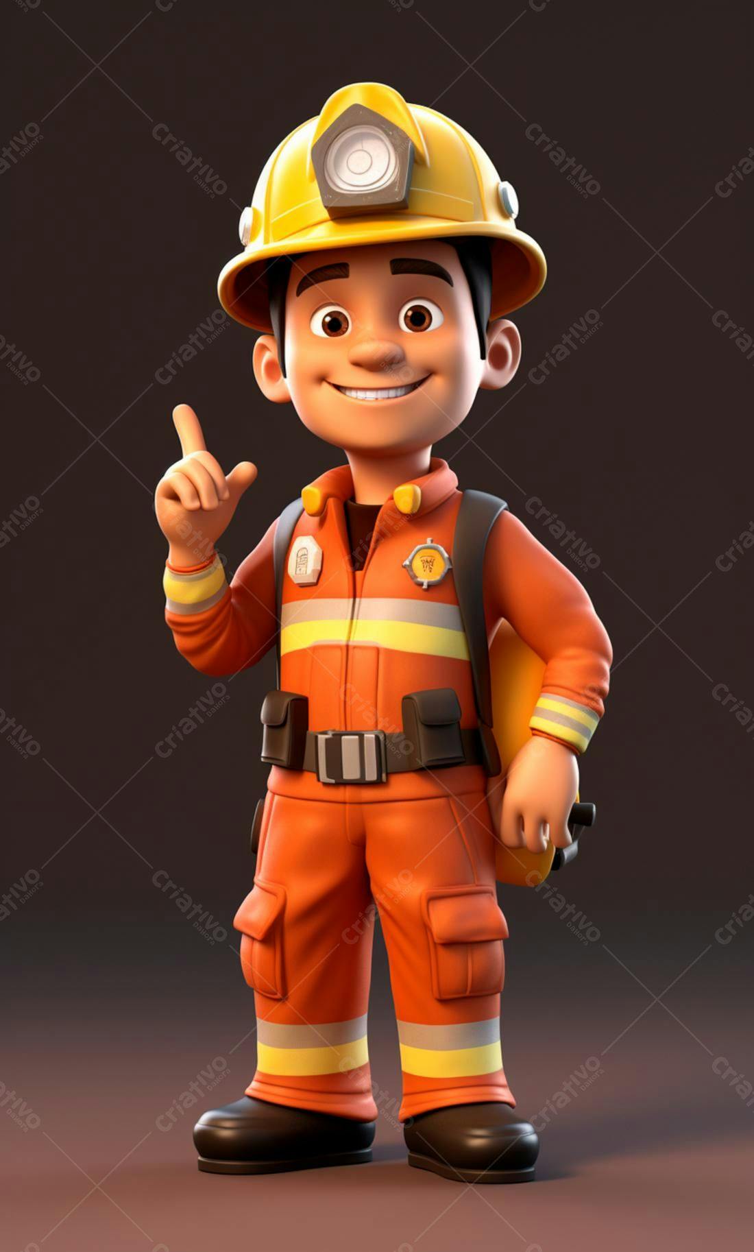 Bombeiro animado apontando com capacete amarelo