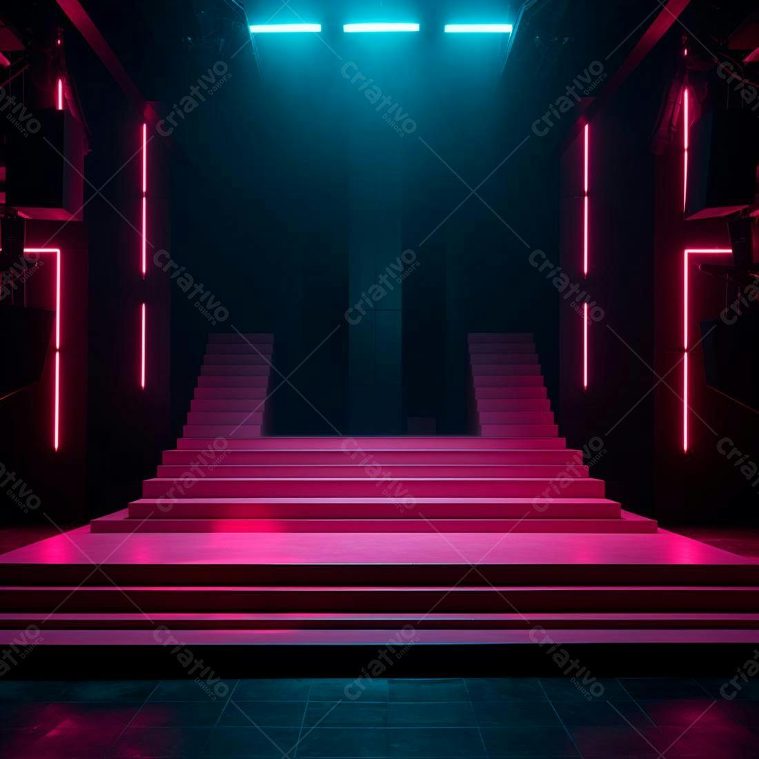 Escada iluminada em tons rosa e azul