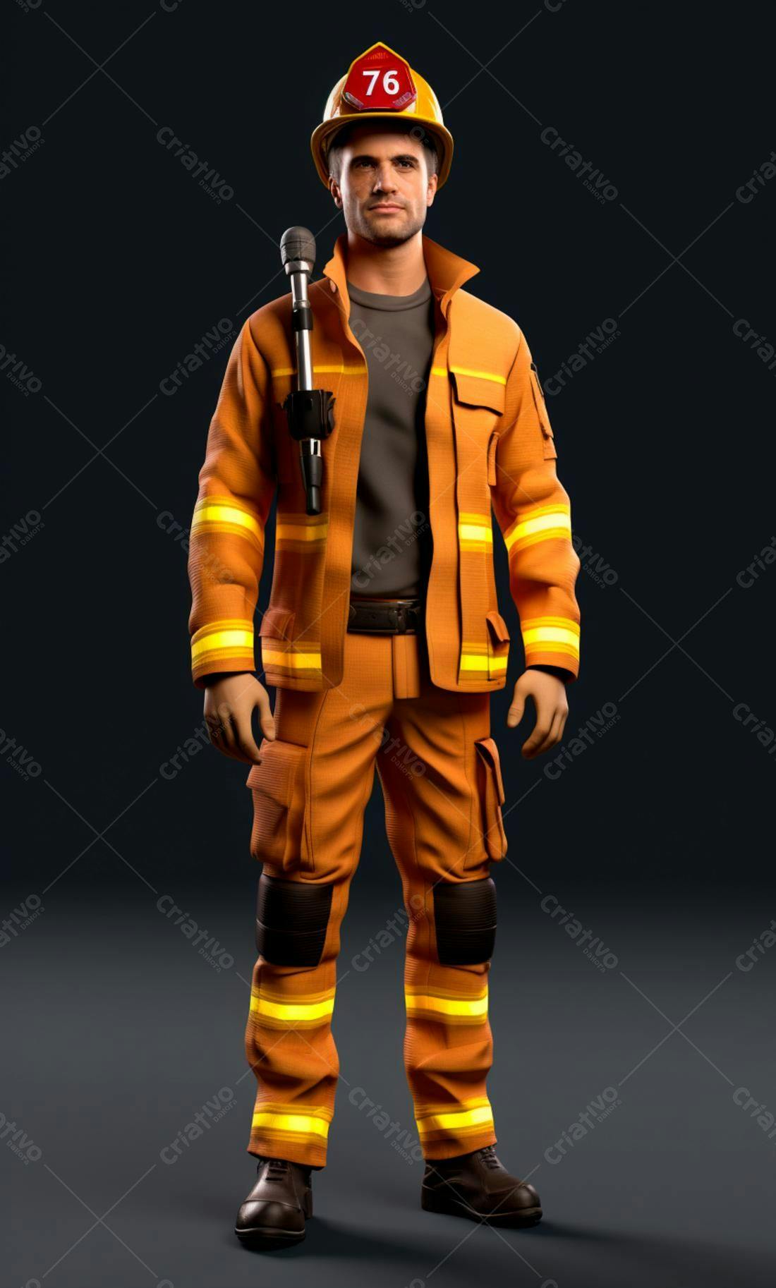 Bombeiro segurando microfone uniforme laranja