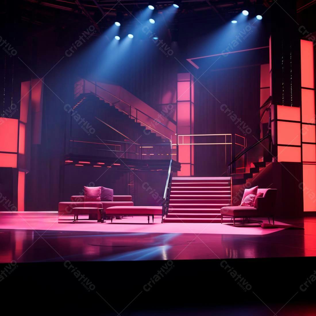 Palco com Sofás e Escadas em Tons Rosa