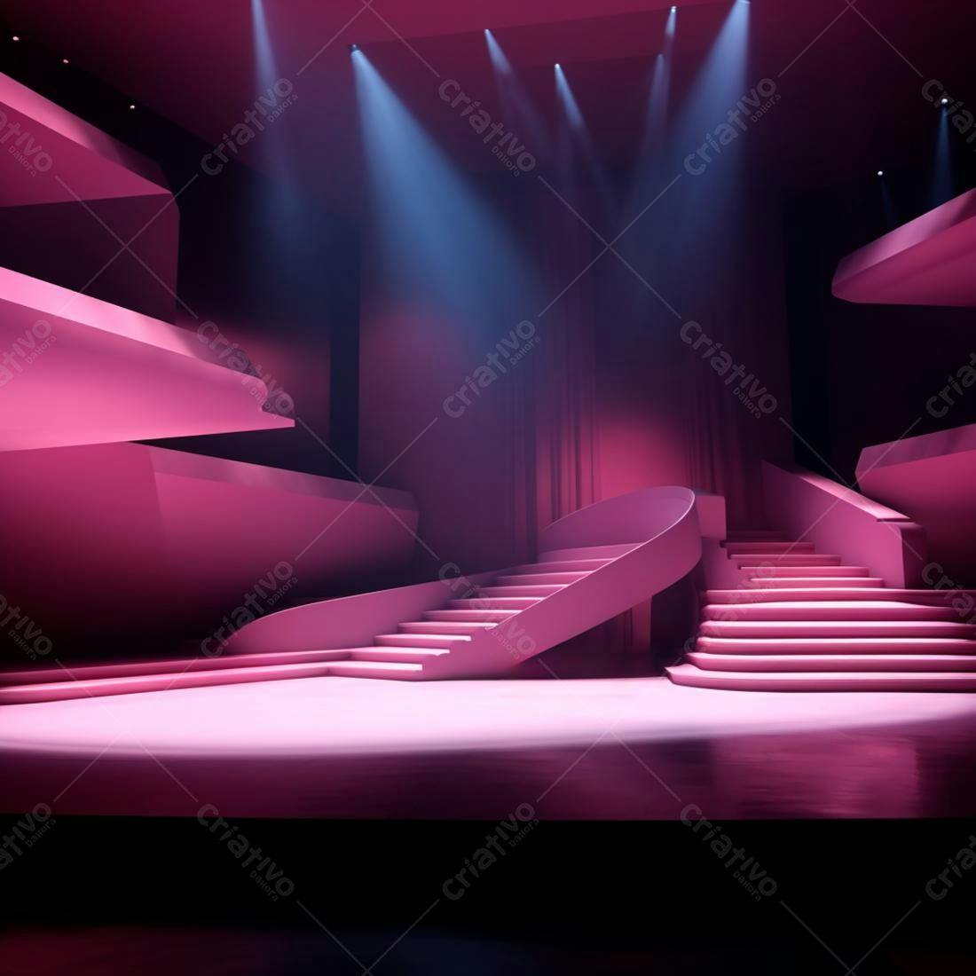 Escadas rosa em palco iluminado