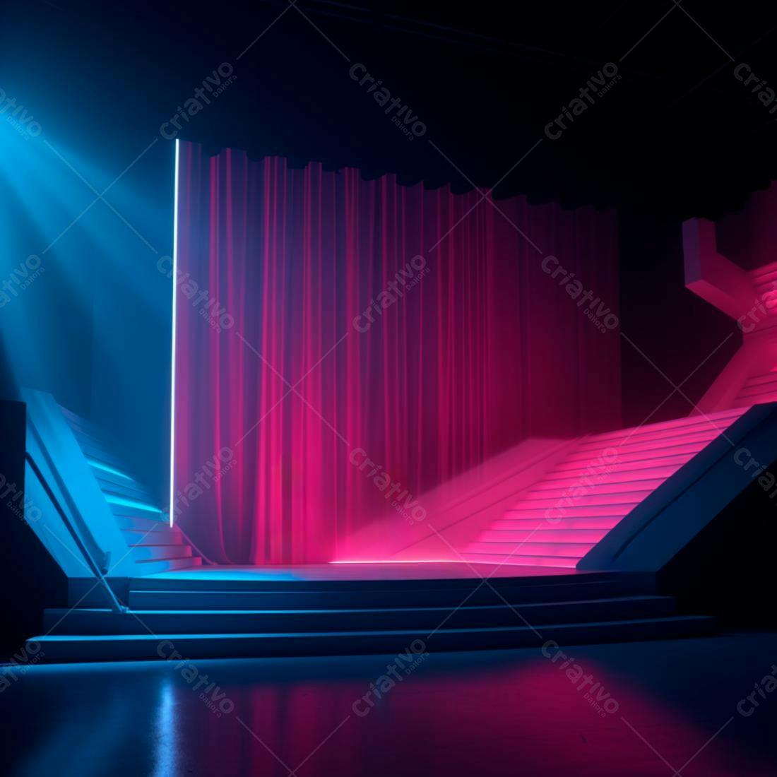 Escadas e cortina em neon rosa e azul
