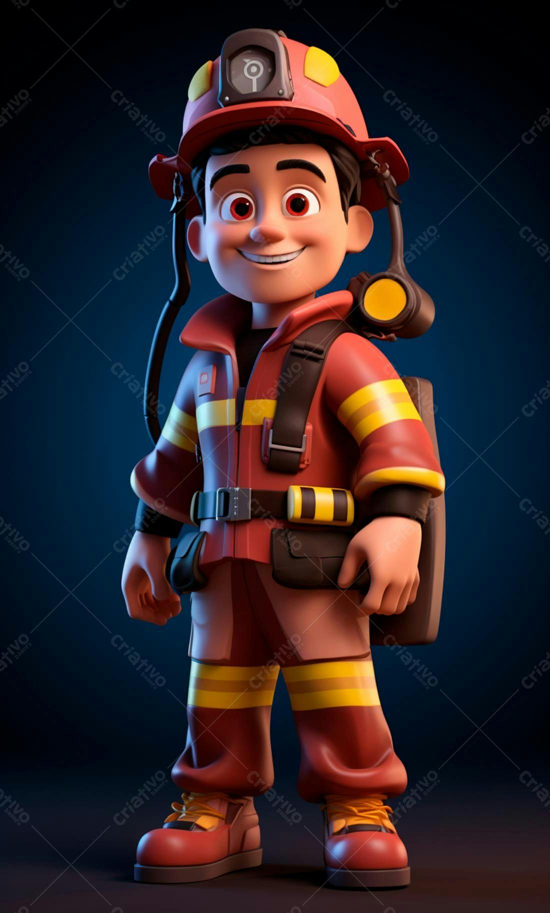 Bombeiro Cartoon Sorrindo Uniforme Vermelho